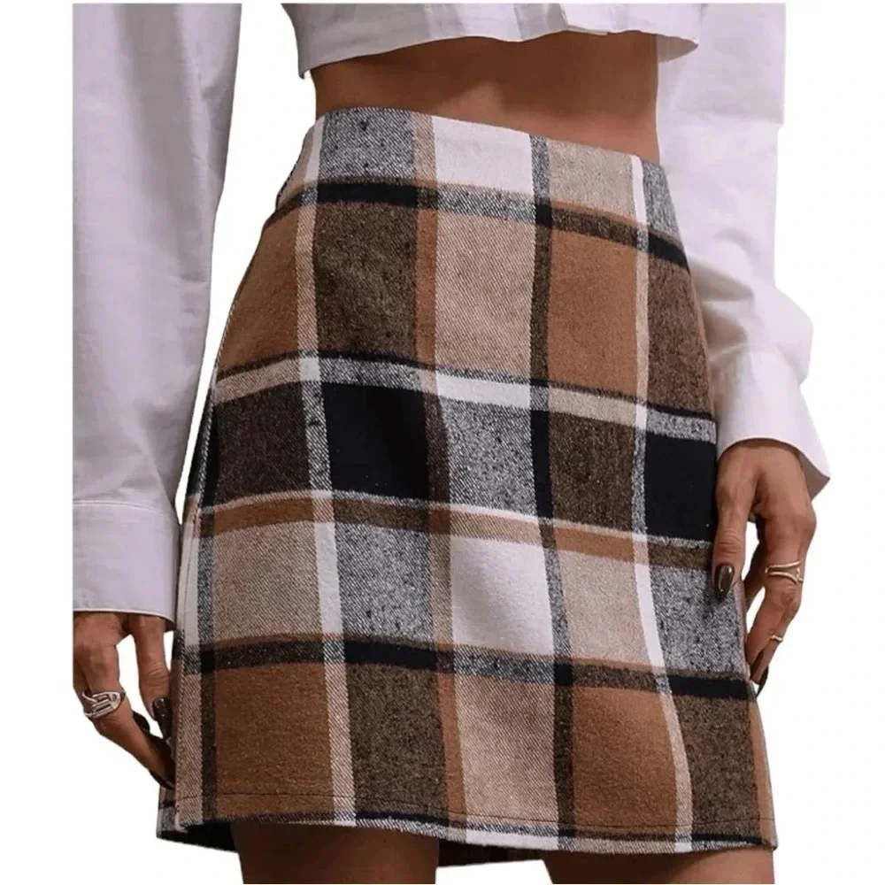NEW Floerns Women's Plaid High Waist Bodycon Mini Skirt